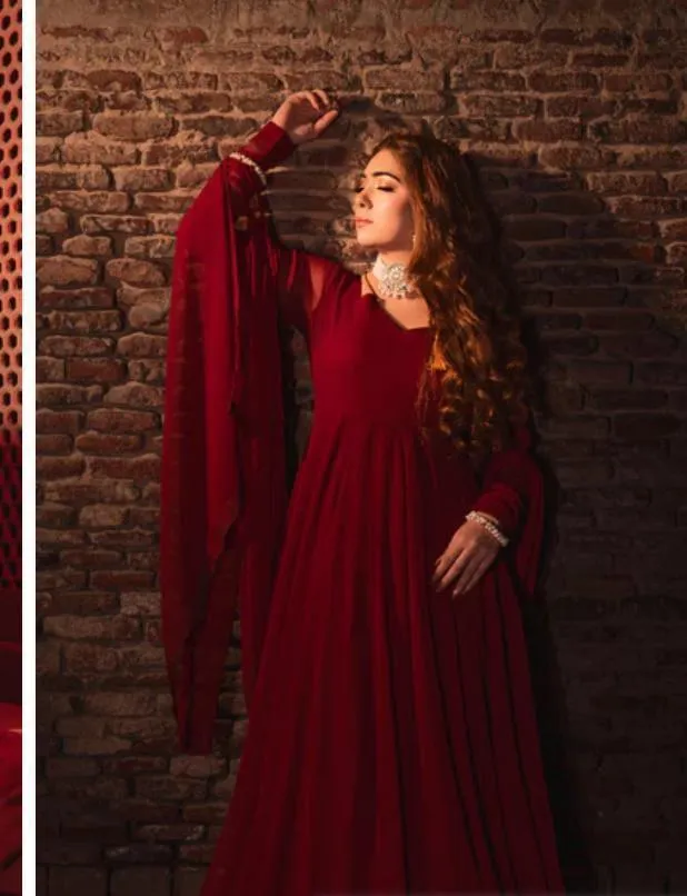 Women's Red Chiffon Stitched Maxi Suit with Dupatta & Trouser - Image 4