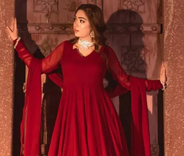 Women's Red Chiffon Stitched Maxi Suit with Dupatta & Trouser - Image 7