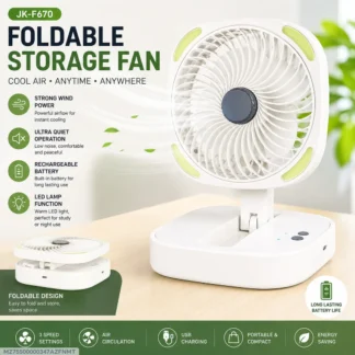 Rechargeable Foldable Storage Fan with LED Light – USB Charging Portable Desk Fan 3 Speed Adjustable