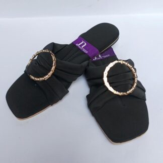 Black Rexine Flat Shoes with Gold Tones for Women