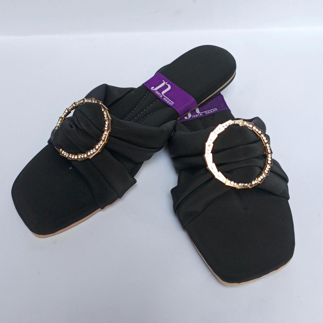 Black Rexine Flat Shoes with Gold Tones for Women