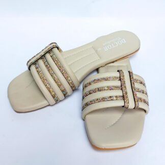 Women's Beige Rhinestone Rexine Flats Size 6-11
