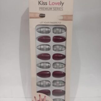 Maroon Grey Plaid Artificial Nails for Women
