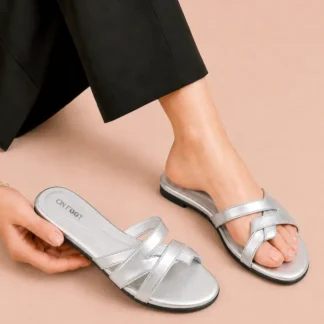 Metallic Cross Strap Slip-On Flat - 077 - Silver