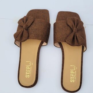 Women's Brown Leather Bow Slides Casual Flats