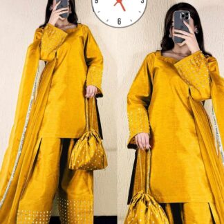 Mustard 4-Piece Shamoz Silk Wedding Suit with Potli Bag