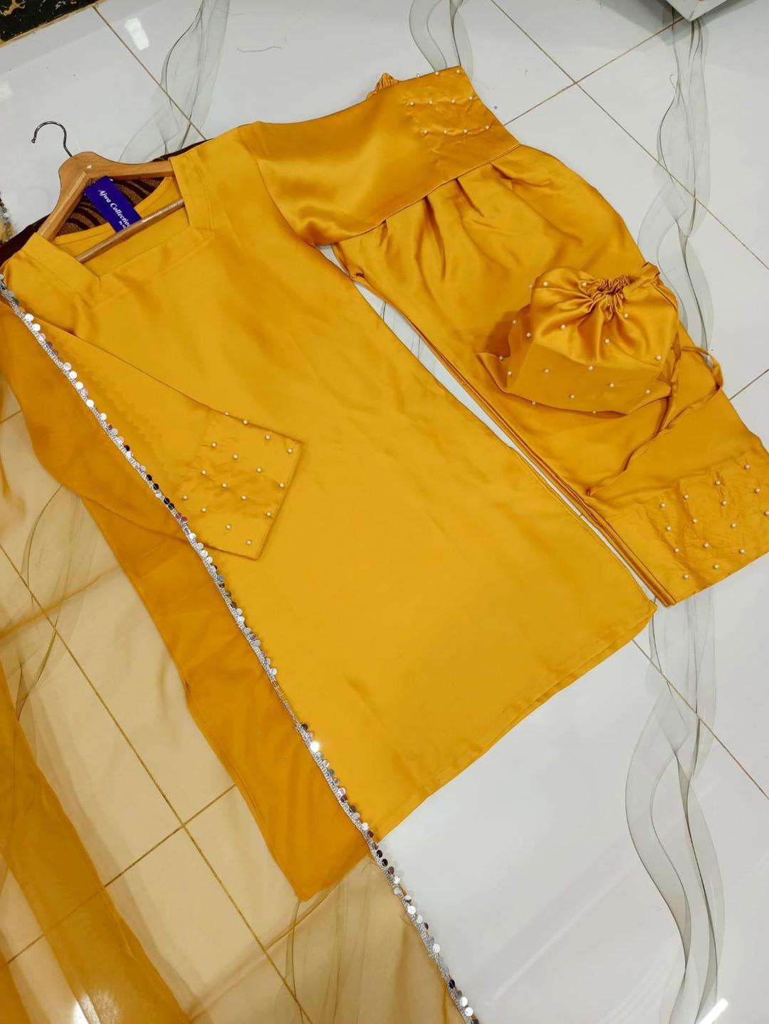 Mustard 4-Piece Shamoz Silk Wedding Suit with Potli Bag - Image 2