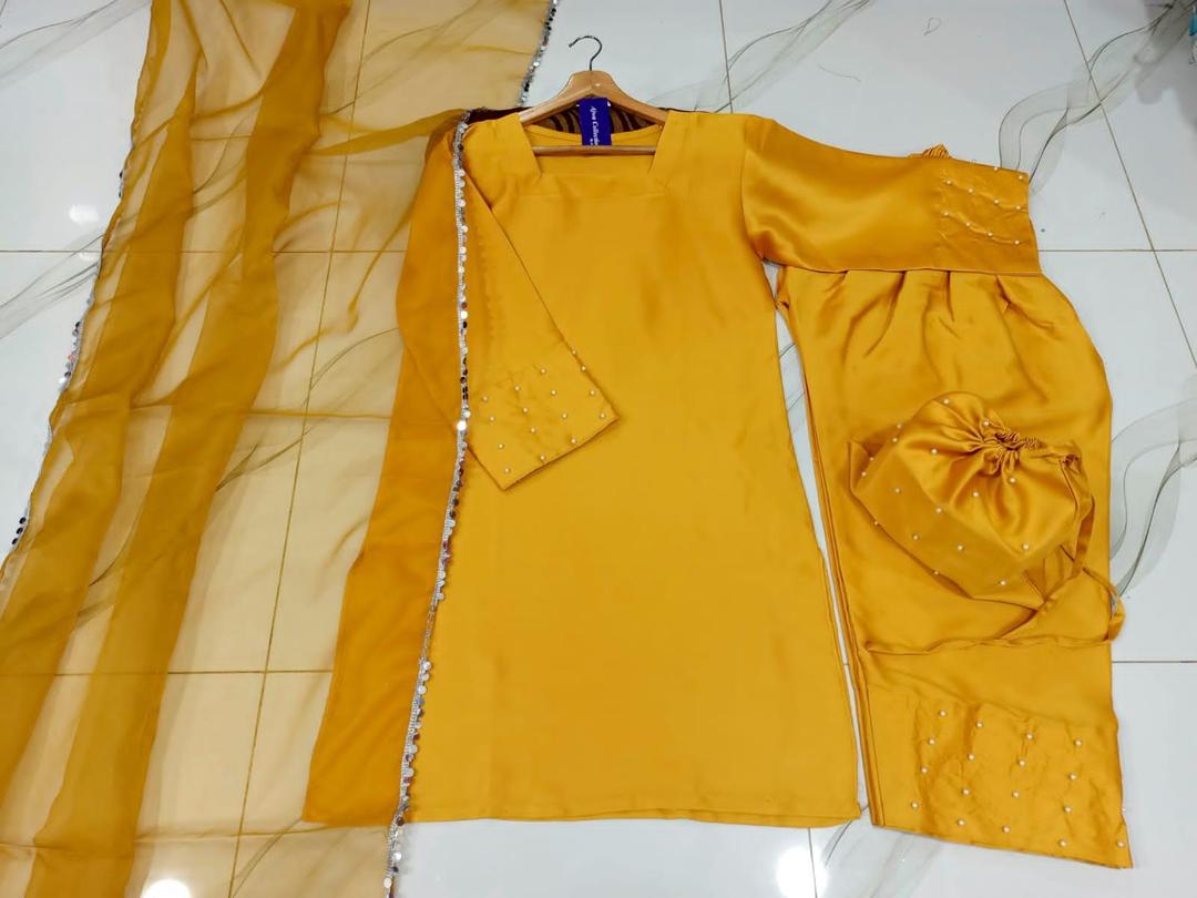 Mustard 4-Piece Shamoz Silk Wedding Suit with Potli Bag - Image 3