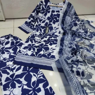 Blue White Floral Silk Suit Set for Women