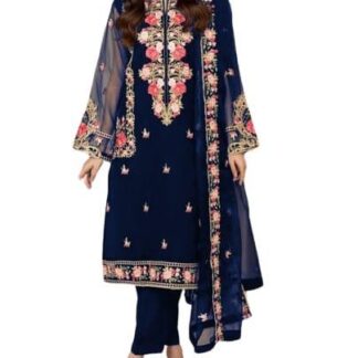 Chiffon 3-Piece Suit Blue Floral Embroidery Free Size