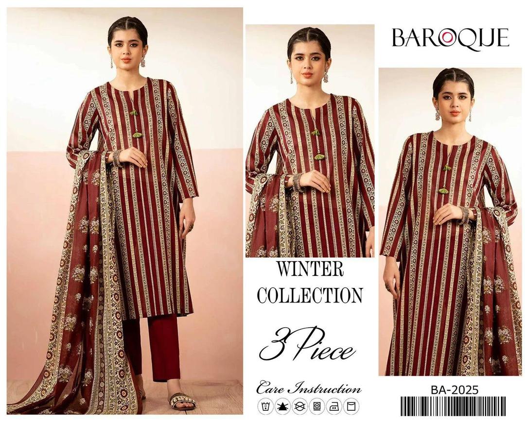 Brown Karandi Printed 3-Piece Winter Suit for Women