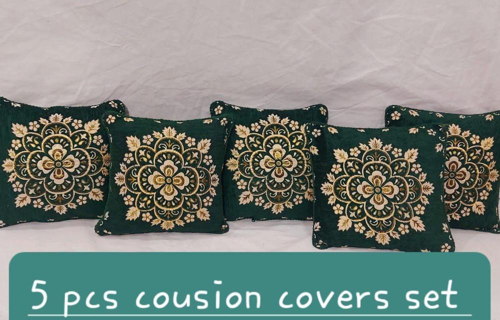 Velvet Jacquard Cushion Covers Set 5 Pcs Green Gold - Image 2
