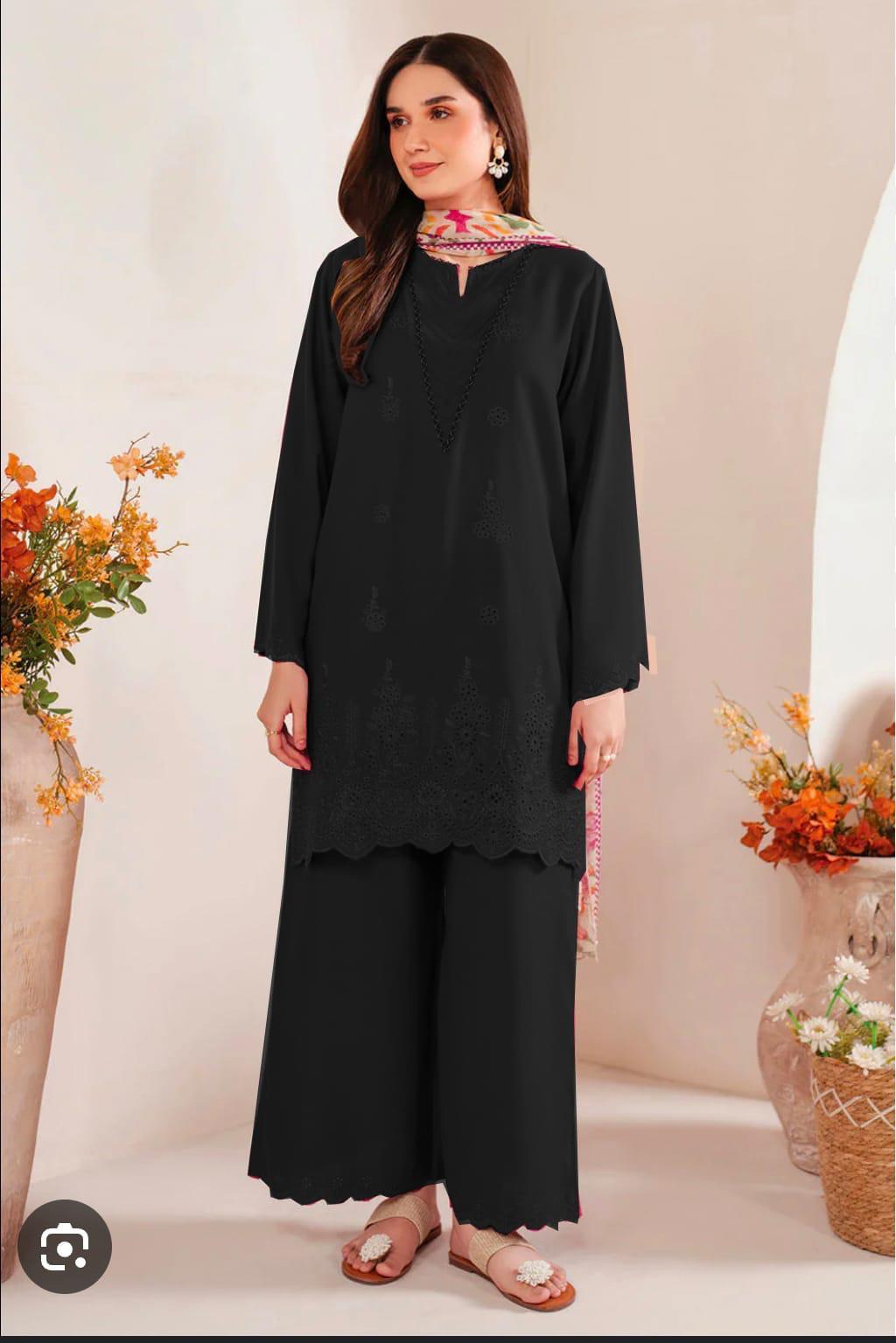 Black Chikankari Lawn Suit with Printed Dupatta for Women
