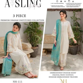 3 Piece Embroidered Dhanak Suit White Blue