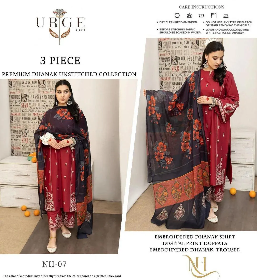 3 Piece Embroidered Dhanak Suit Red Floral Print