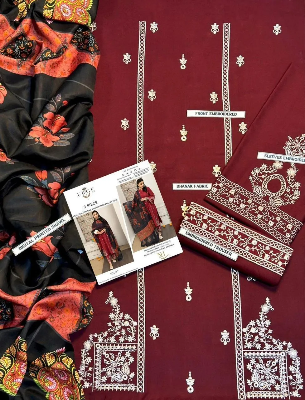 3 Piece Embroidered Dhanak Suit Red Floral Print - Image 2