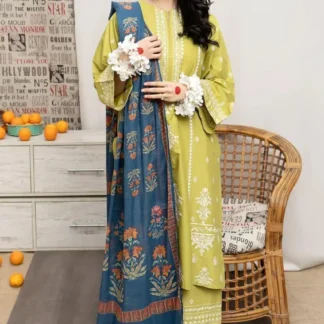Yellow Embroidered Lawn 3Pcs Set with Printed Dupatta