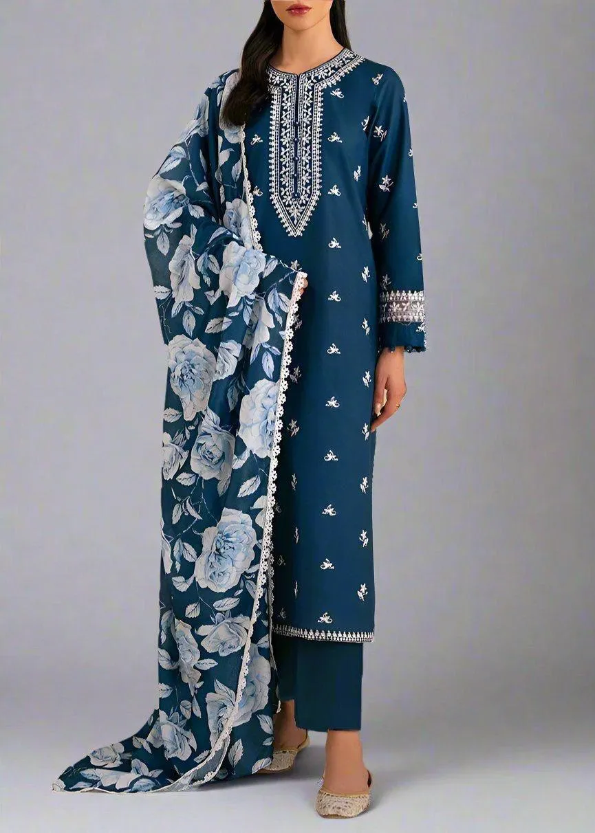 Blue Embroidered Women's 3 Pcs Lawn Suit Set - Image 2