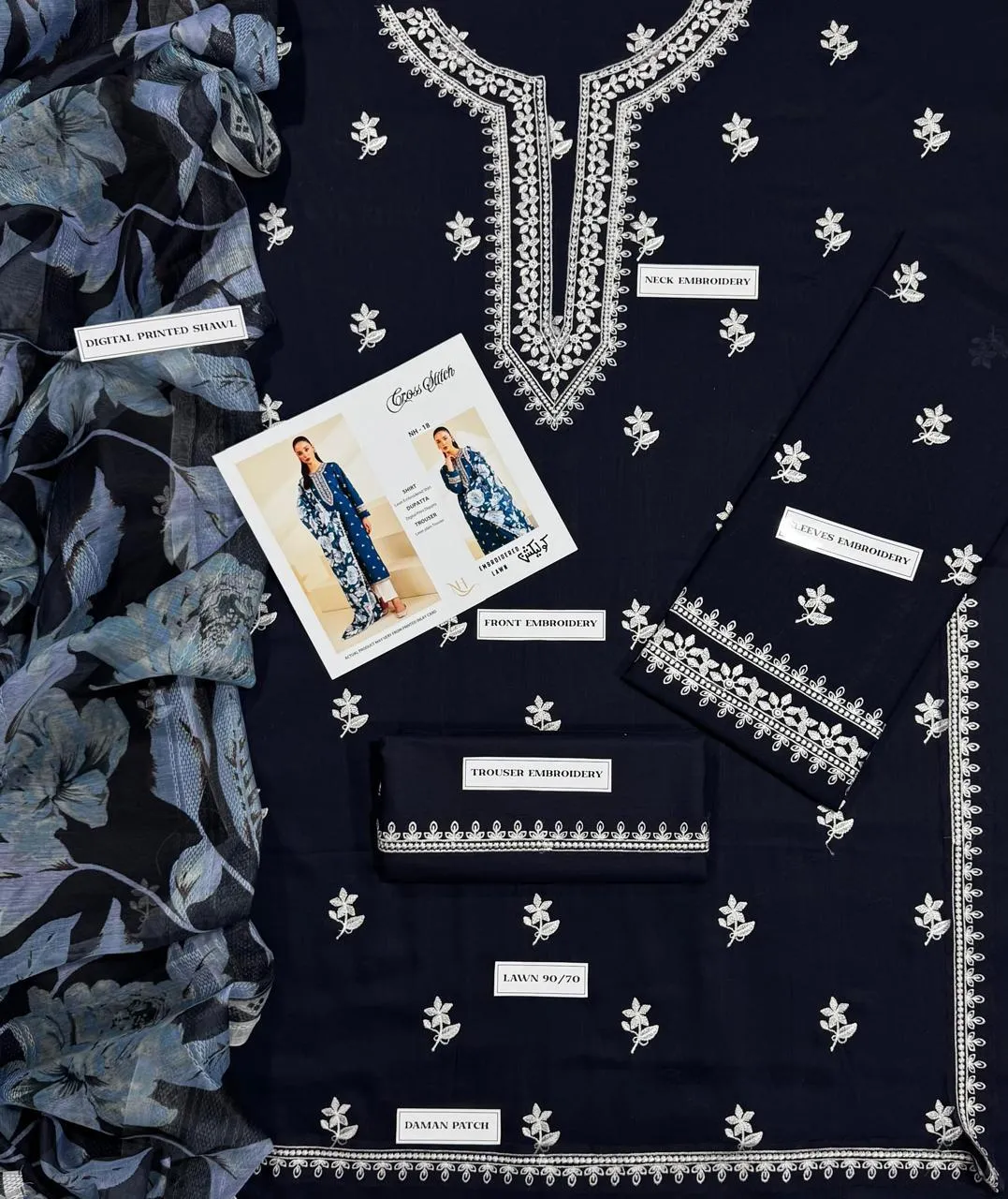 Blue Embroidered Women's 3 Pcs Lawn Suit Set - Image 3