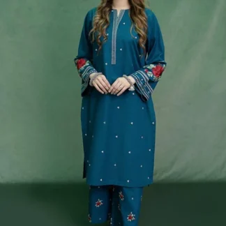 Turquoise Embroidered Dhanak Suit for Women