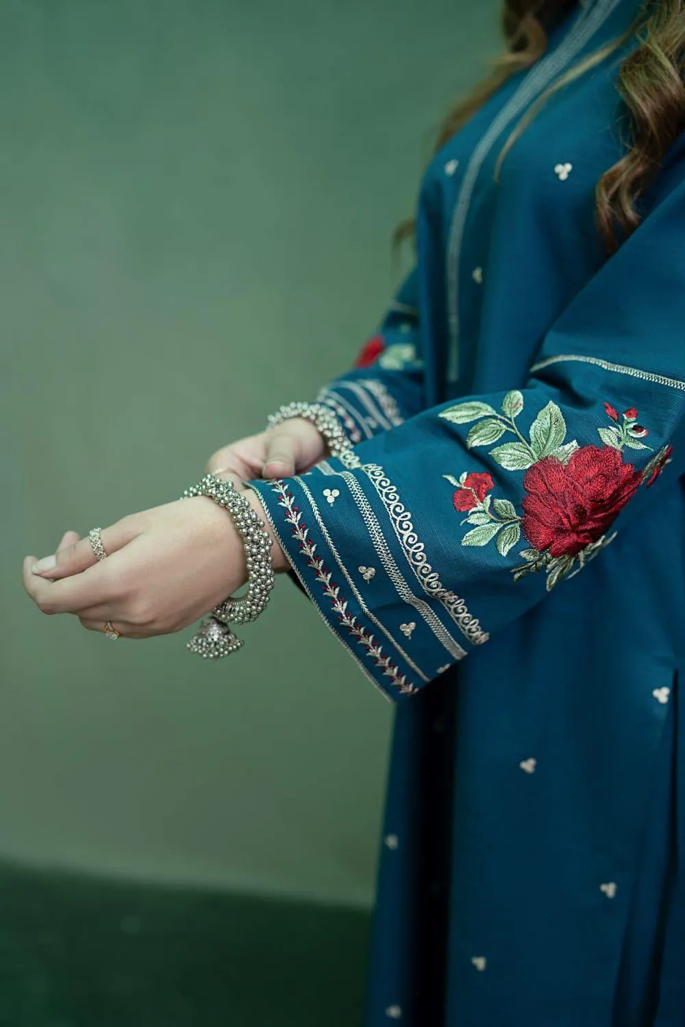 Turquoise Embroidered Dhanak Suit for Women - Image 2