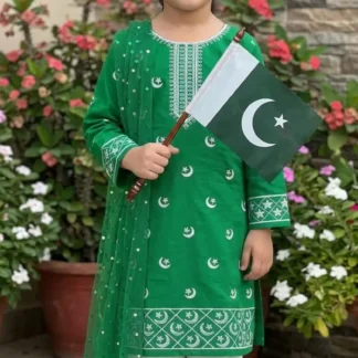 3 Pcs Girl's Cotton Embroidered Kurta And Shalwar Suit