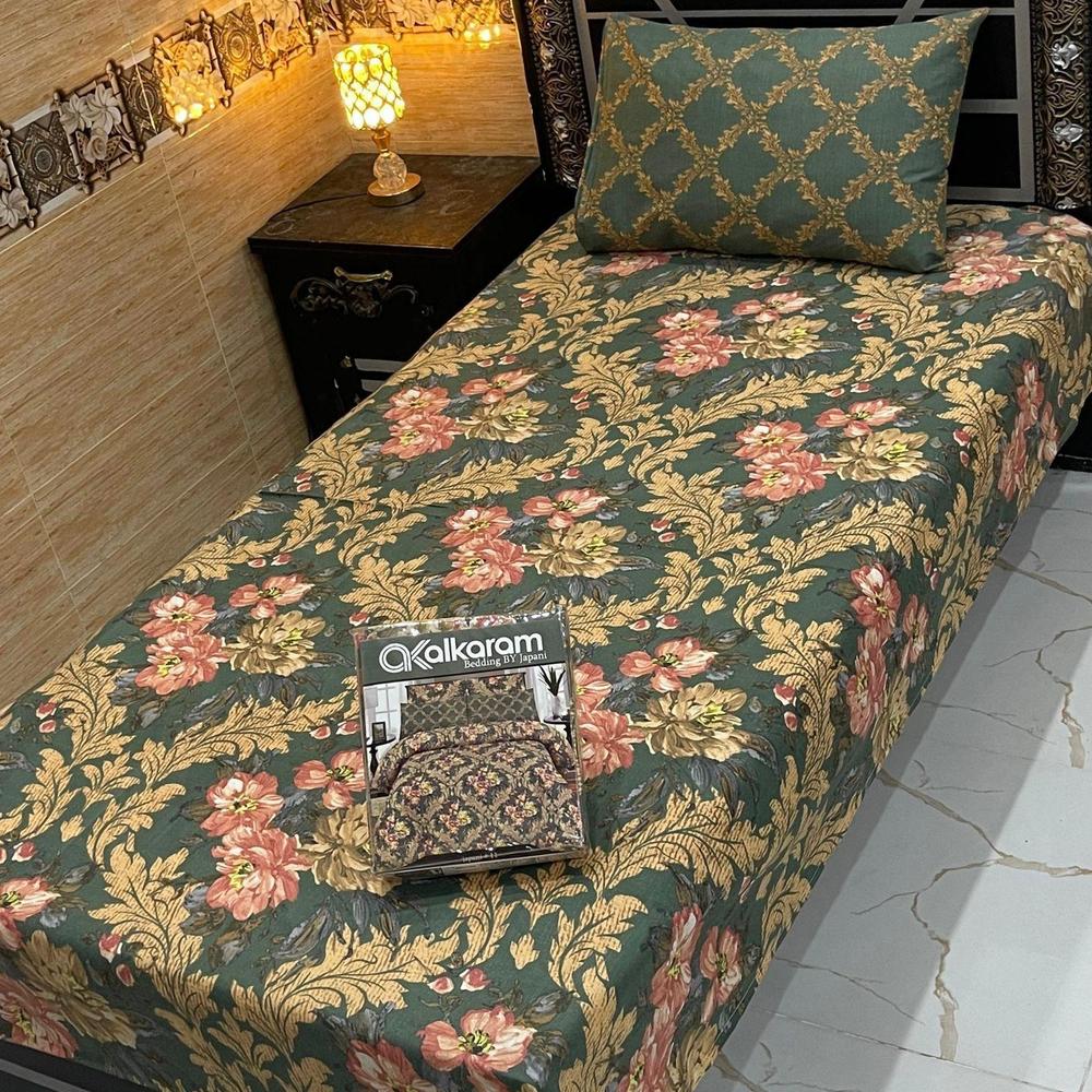 Cotton Salonica Floral Bedsheet Set Single Bed Green Pink Gold