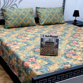 Cotton Salonica Double Bedsheet Set Green Floral Golden Geometric