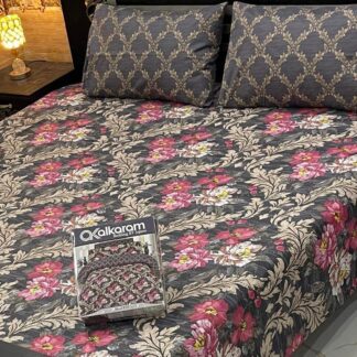Double Bedsheet Set Cotton Salonica Floral Grey Pink Cream
