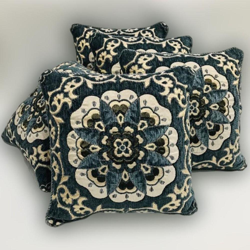 Velvet Floral Cushion Covers Deep Blue Cream 16x16