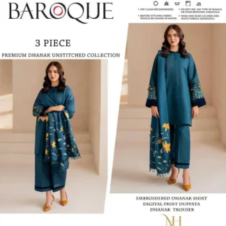 3 Piece Embroidered Dhanak Suit Turquoise Pakistani Women