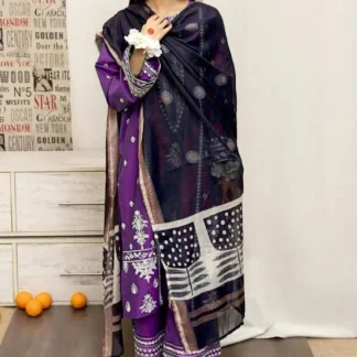 Purple Embroidered 3 Pcs Lawn Suit for Women