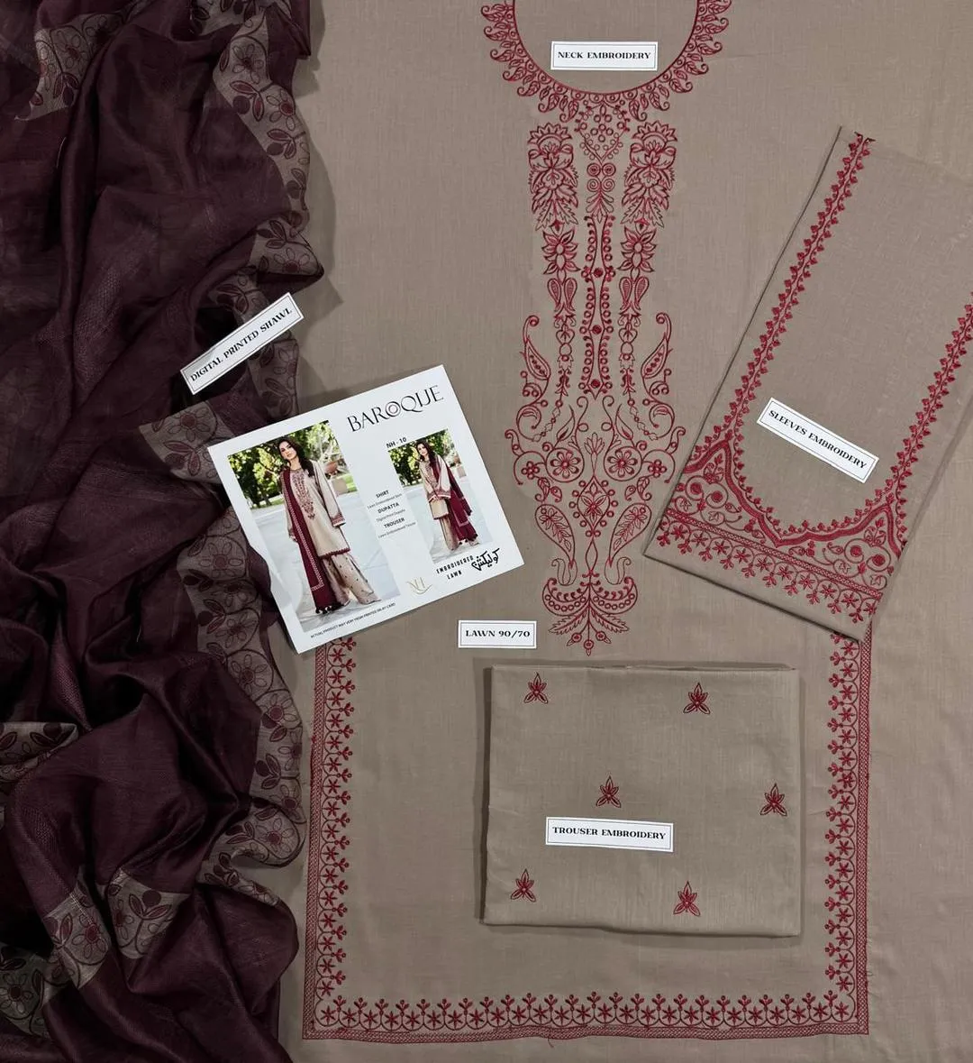 Women's 3-Piece Embroidered Lawn Suit Beige - Image 3