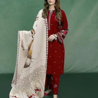 Maroon Embroidered 3 Pcs Women Suit Lawn Eid Wear