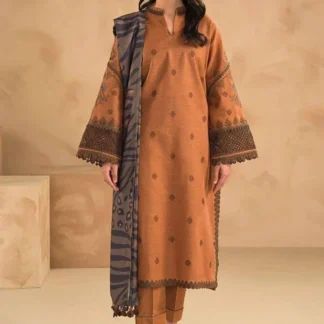 Brown Embroidered 3-Piece Lawn Suit for Women