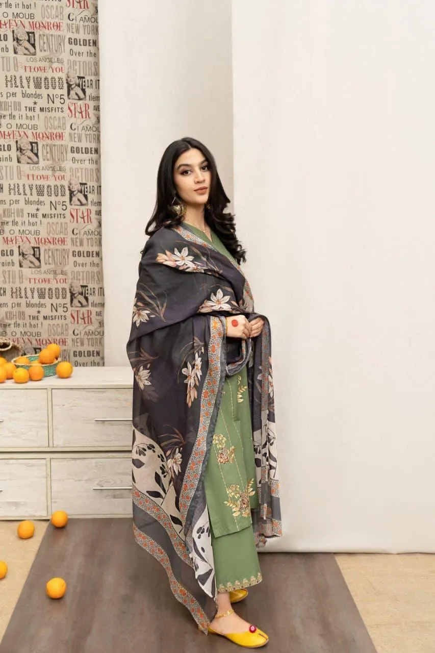 Green Lawn 3-Piece Embroidered Suit for Women - Image 3