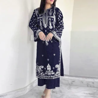 Unstitched Embroidered Dhanak Suit Blue 2.5 Gazz