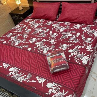 Red Floral Cotton Bedsheet Set Double Bed 3 Pcs