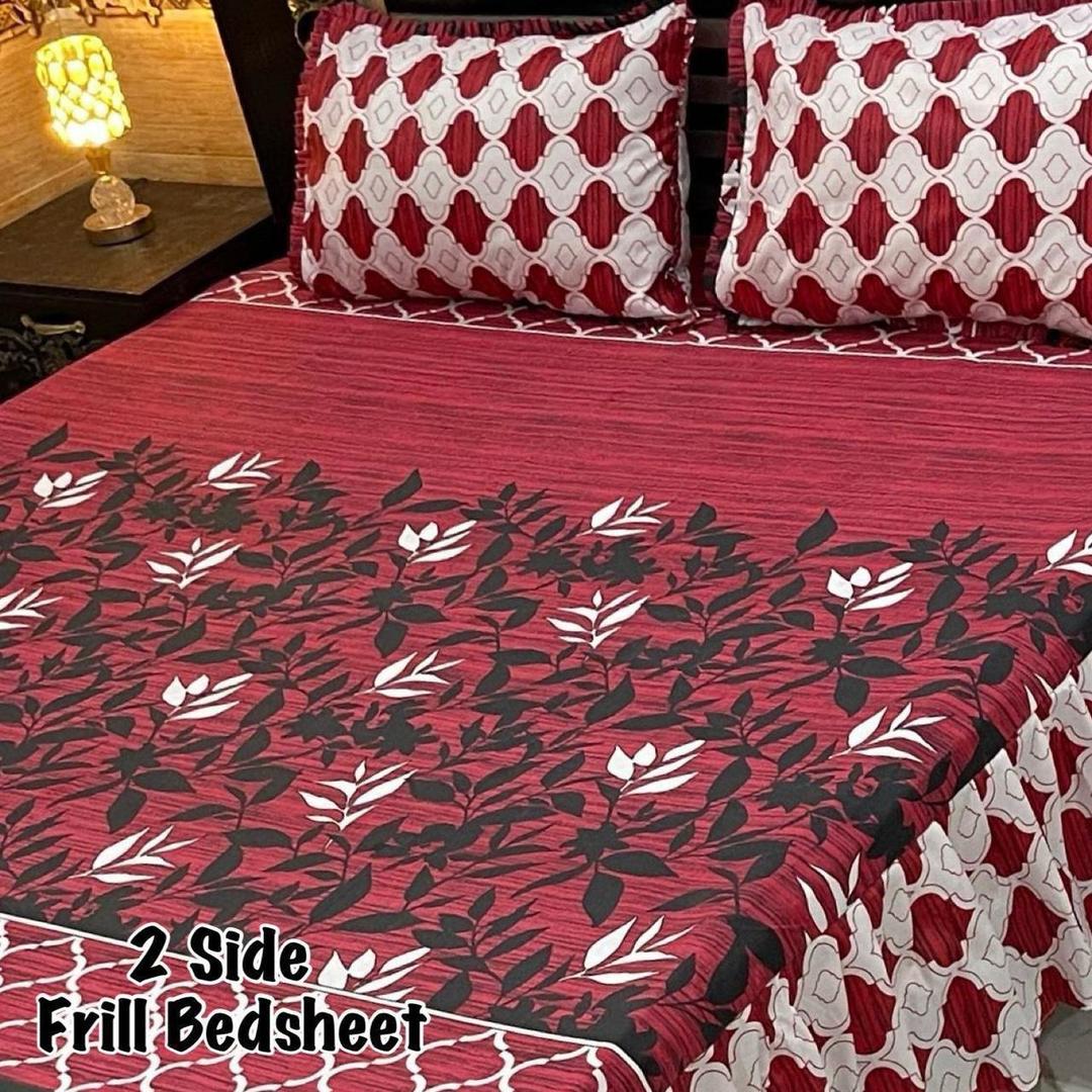2-Side Frill Bedsheet Red White Floral Cotton Double