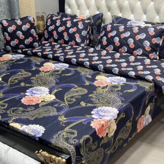 7-Piece Cotton Quilted Floral Bed Set Blue Gold