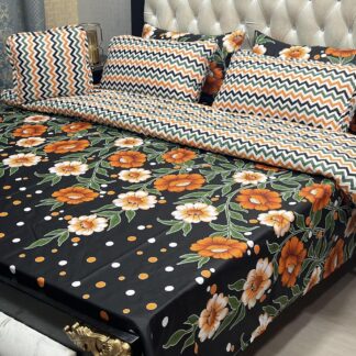 7-Piece Cotton Salonica Comforter Set Black Floral Orange White