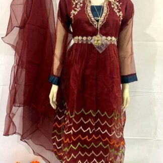 Organza 3-Piece Suit Maroon with Embroidery & Dupatta