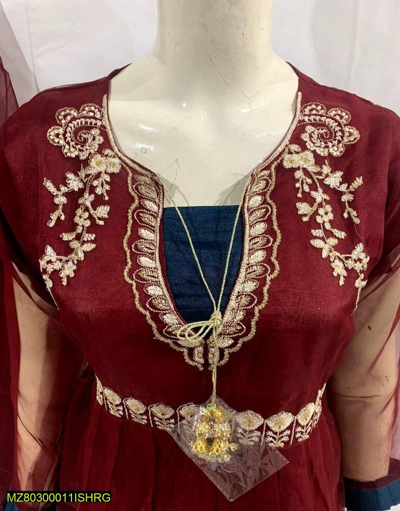 Organza 3-Piece Suit Maroon with Embroidery & Dupatta - Image 2