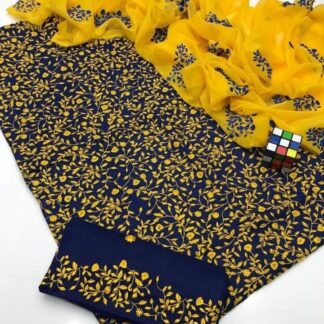 Navy Blue Golden Embroidered 3-Piece Cotton Suit for Women