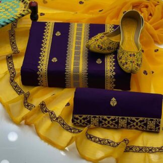 Unstitched 3-Piece Cotton Suit Mustard Purple Eid Wedding