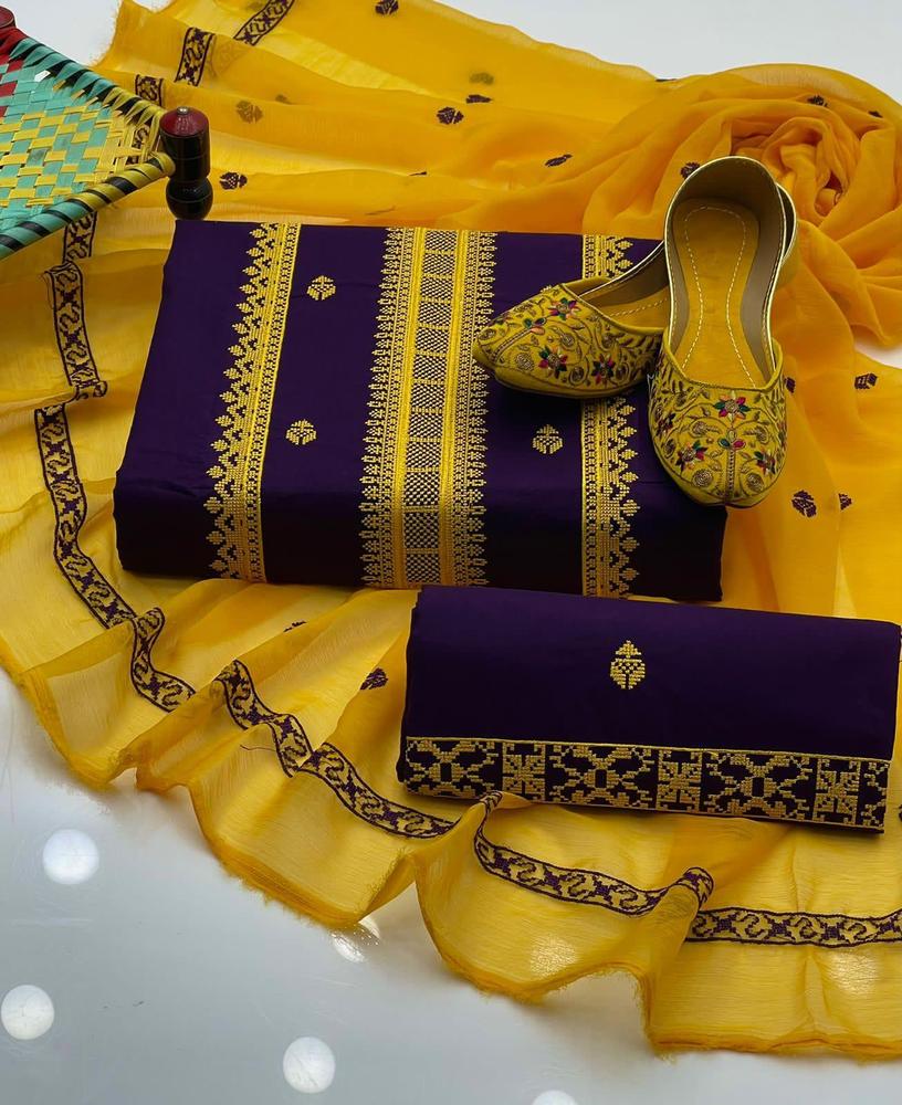 Unstitched 3-Piece Cotton Suit Mustard Purple Eid Wedding