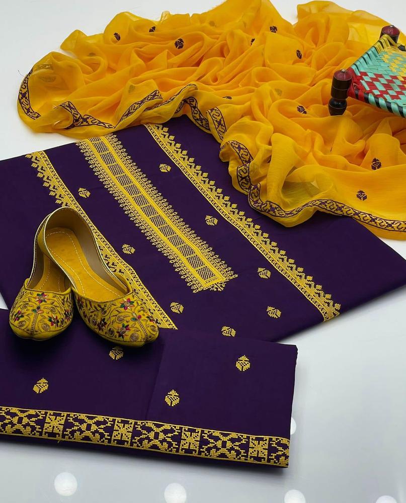 Unstitched 3-Piece Cotton Suit Mustard Purple Eid Wedding - Image 2
