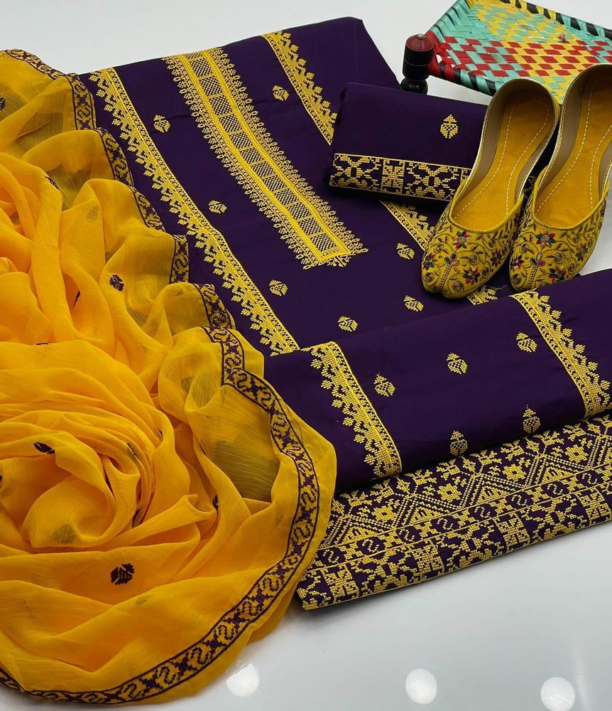 Unstitched 3-Piece Cotton Suit Mustard Purple Eid Wedding - Image 3