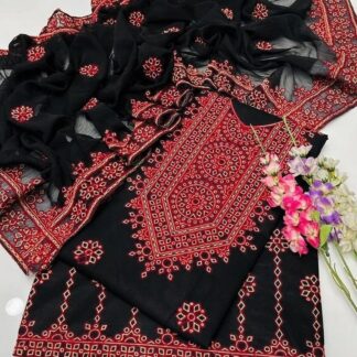 Black Red Embroidered 3-Piece Cotton Suit for Bakra Eid