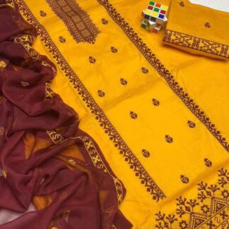 Mustard Yellow Embroidered 3-Piece Cotton Suit with Maroon Chiffon Dupatta